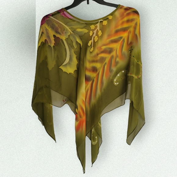 *SOLD* 2 PIECE Beautiful 100% silk poncho Mustard Yellow Shrug/kimono 2X-3X - Picture 2 of 15